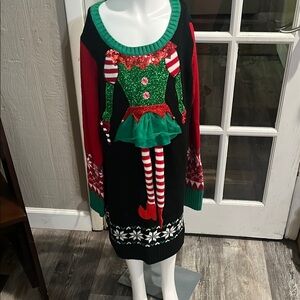 Festive Elf Sweater Dress in Green and Red